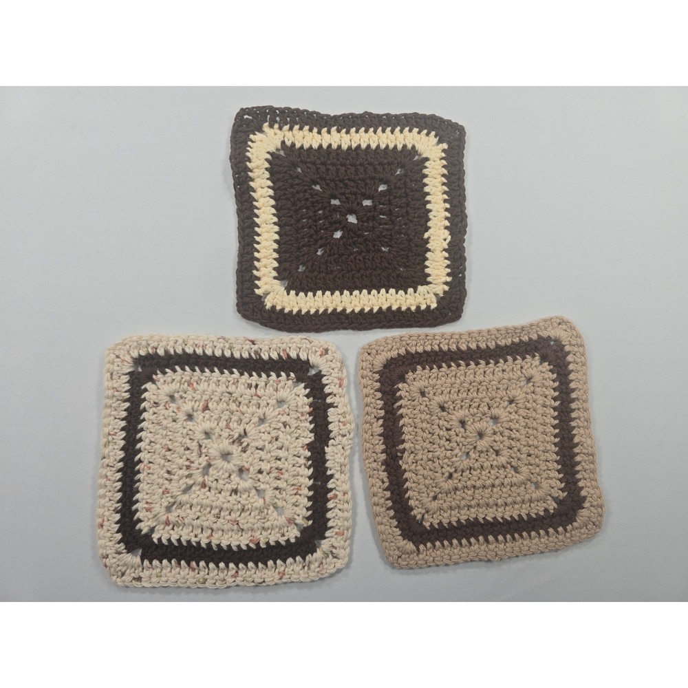 Crocheted Brown various colors granny core Lot Of 3 Handmade Trivet Square Vinta